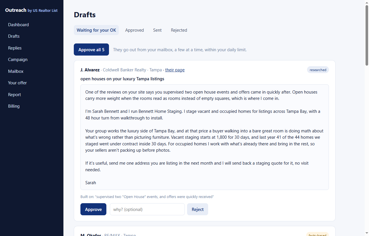 The Drafts page: each email with the agent, their brokerage, a link to their page, the tier, and approve or reject